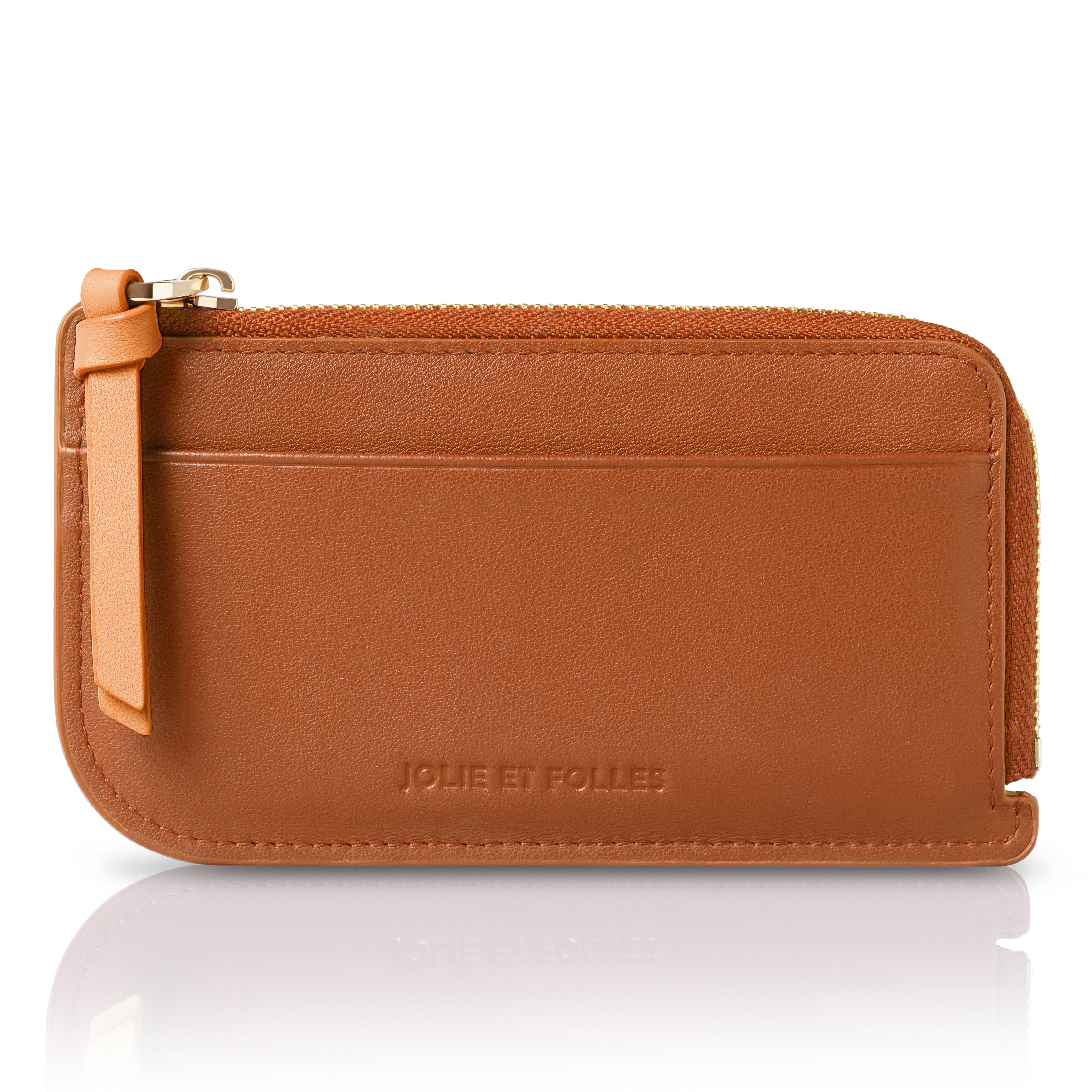JOLIE ET FOLLES Slim Wallet Cognac Braun – Außenansicht Glattleder mit braunem Zipper